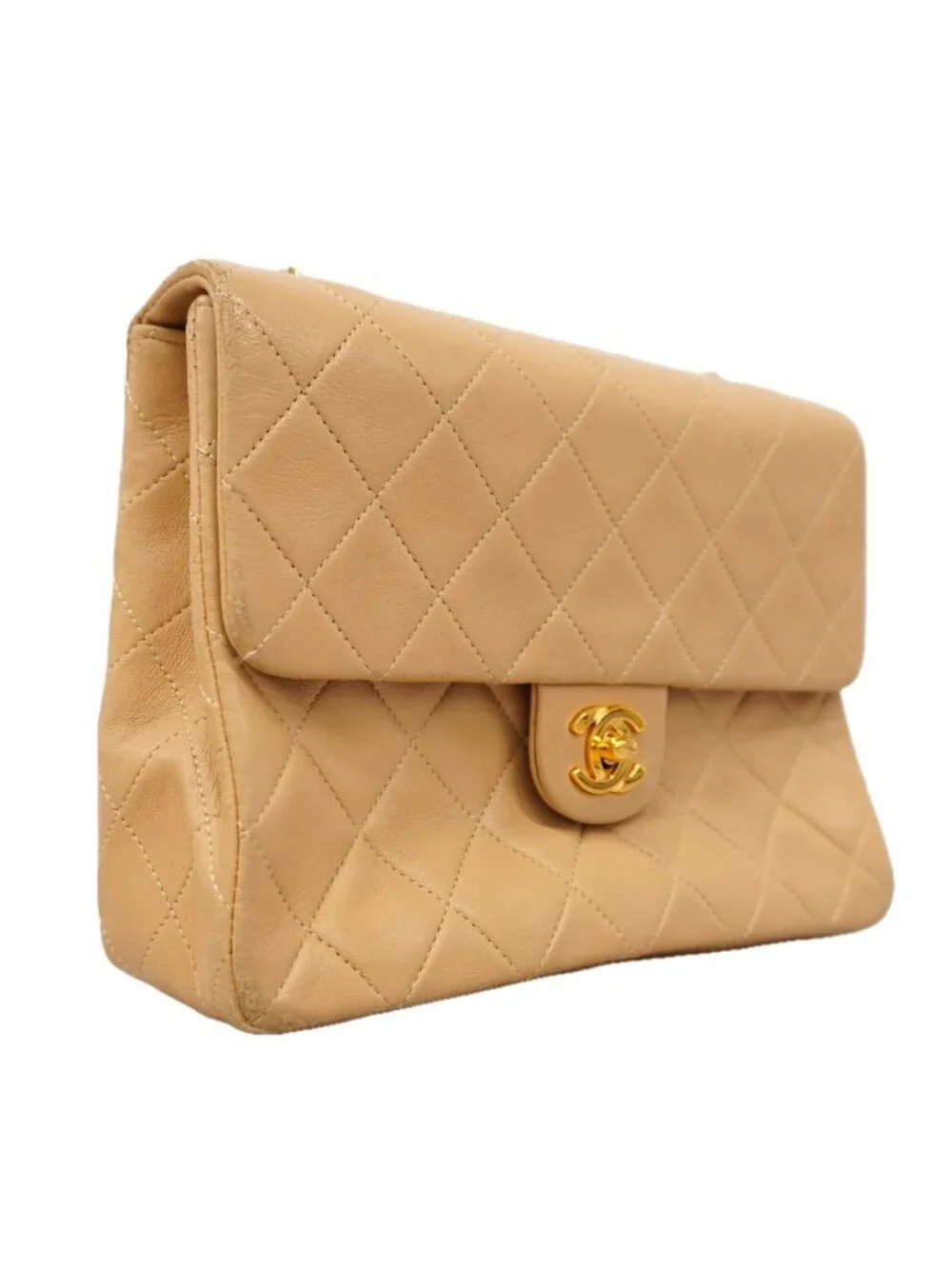 Chanel Shoulder Bag Quilted Lambskin Beige Gold